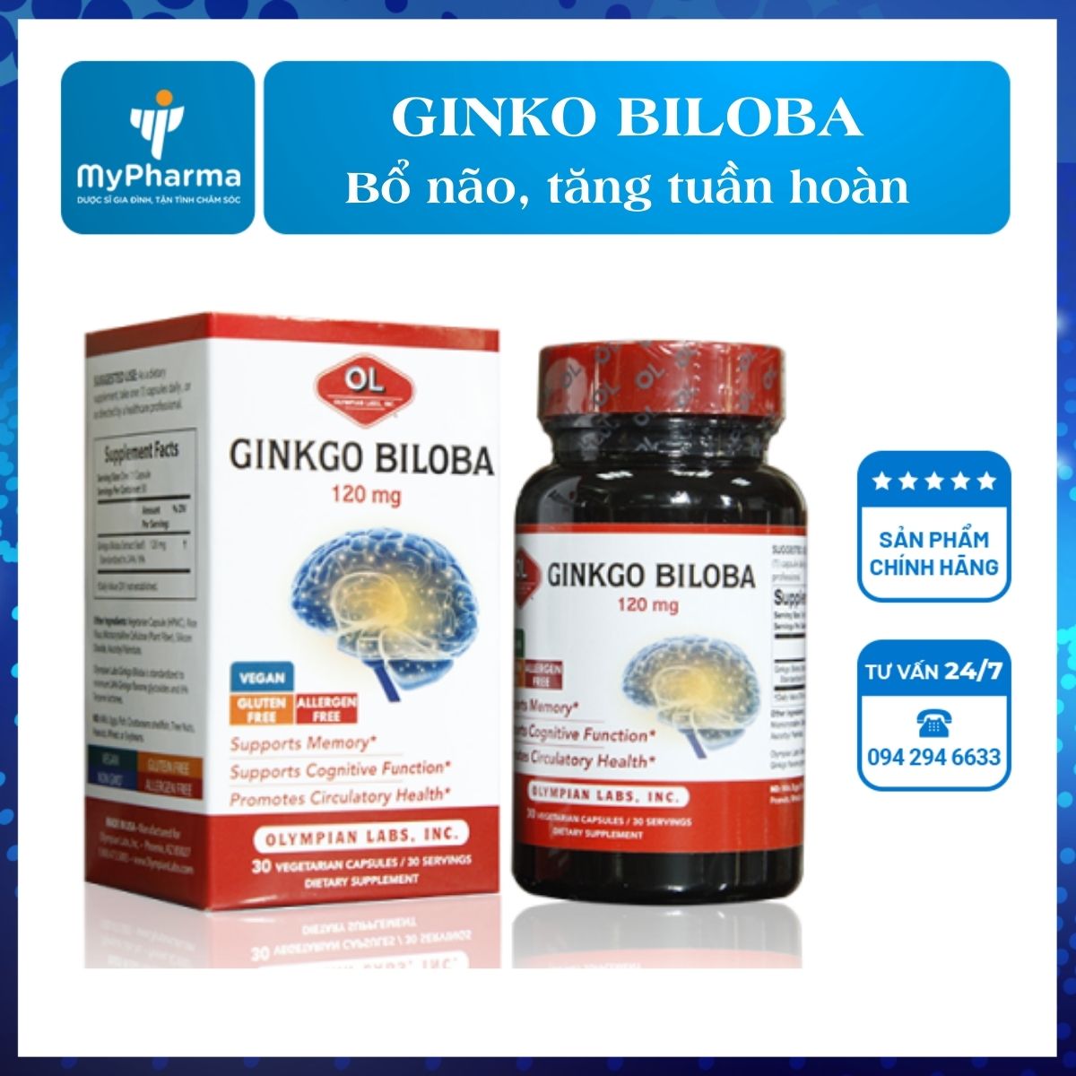 Ginkgo Biloba Olympian Labs - Tăng tuần hoàn, bổ não, giảm rối loạn tiền đình