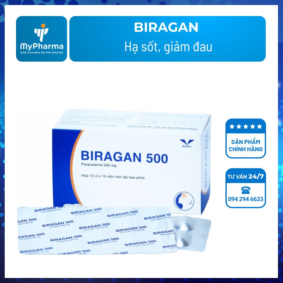 Biragan 500 có chứa 500mg paracetamol dùng trong hạ sốt giảm đau